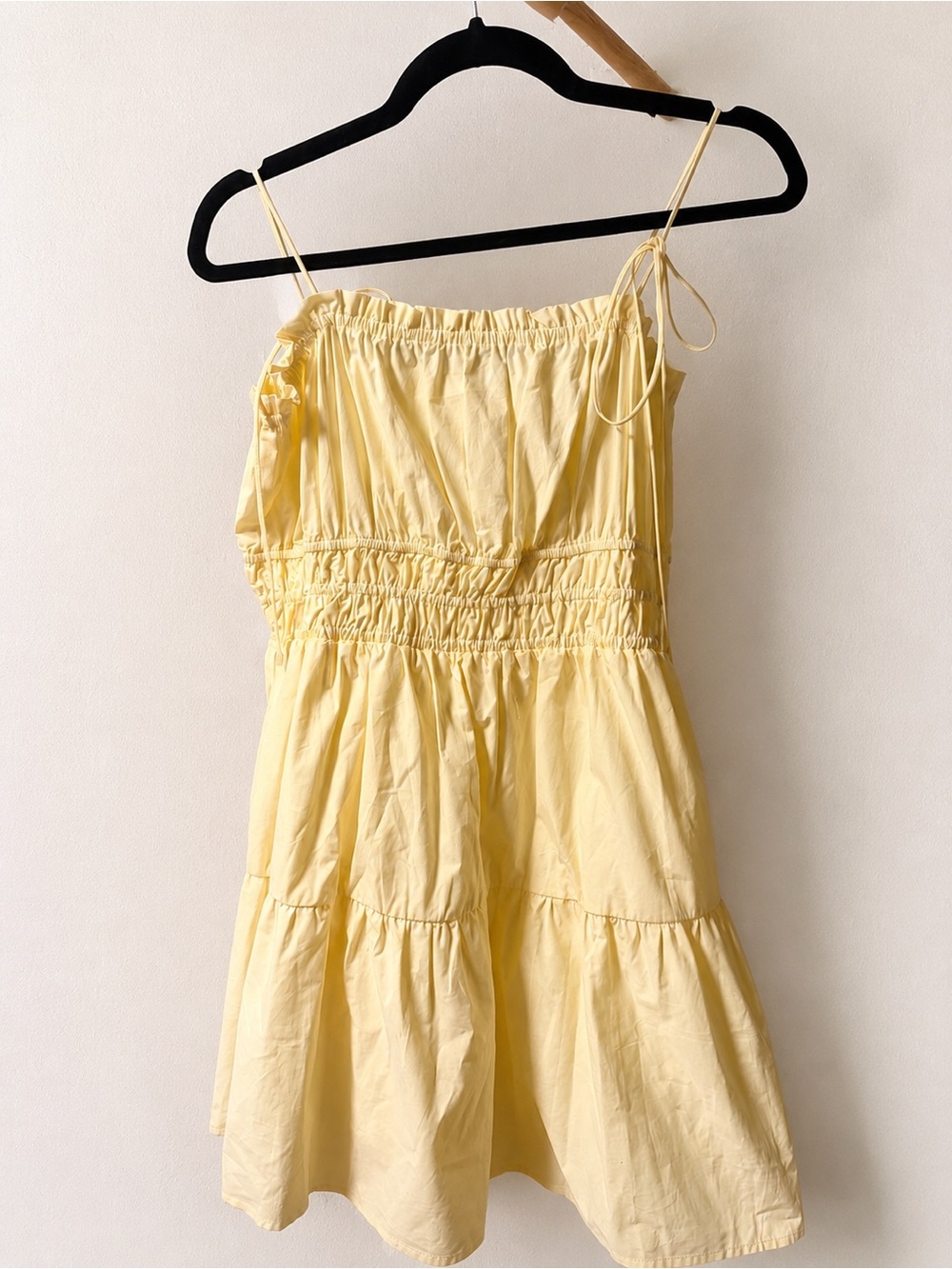 Mini Yellow Dress Ruched Tie Strap Smocked Sundress